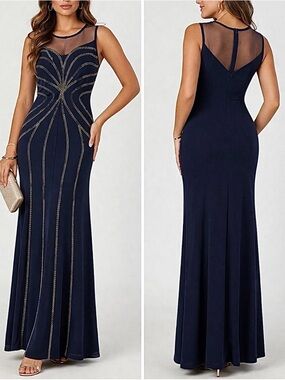 VFSHOW Navy Mesh Panel Maxi Dress Braided Trim Detail XL Formal Evening